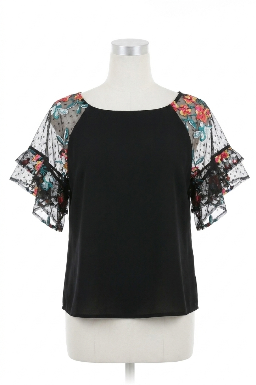 NEW UMGEE floral embroidered layered and ruffled sleeve top in black